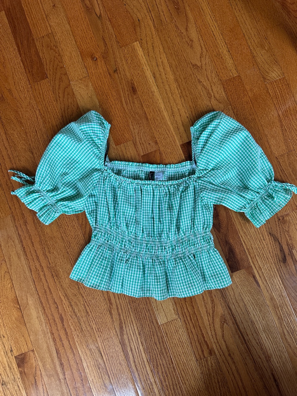 Green Gingham Smocked Off-Shoulder Crop Top
